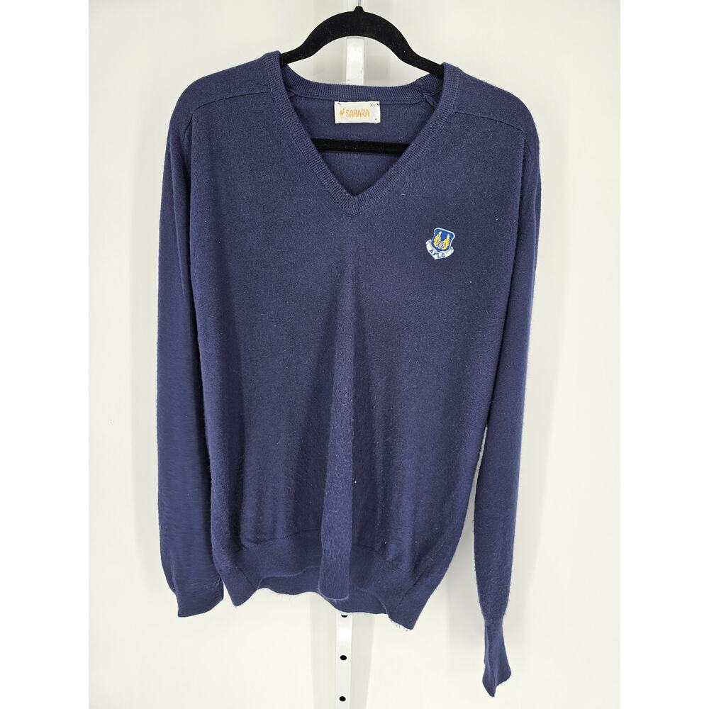 Sahara Men's Long Sleeve AFLC Embroidered V-neck Blue Ribbed Sweater Size XL